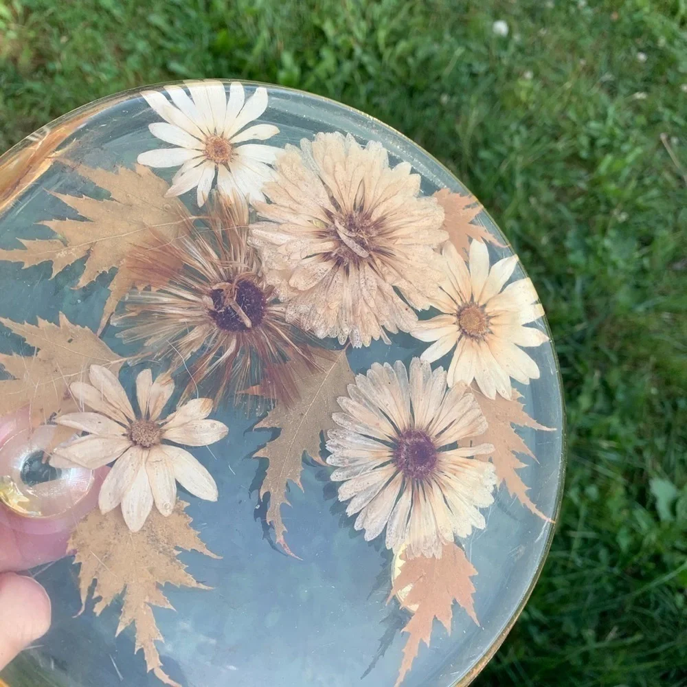 Vintage  Acrylic Lucite Dried Flowers Trivet Hot Pad